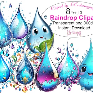 Cute Raindrop Character Clipart Set, Whimsical Water Drops, Digital Download, Commercial Use, PNG Format, Scrapbooking, Kids Crafts