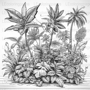 Tropical Jungle Coloring Page for Adults, Intricate Grayscale Image ...