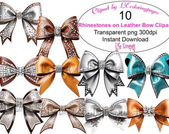 Rhinestone Leather Bow Clipart Set, Commercial & POD Use (PNG, Digital Download)