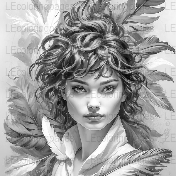 Grayscale Fantasy Woman Printable Coloring Page, Feather Headdress Illustration, Adult Stress Relief Activity, Digital Art Download