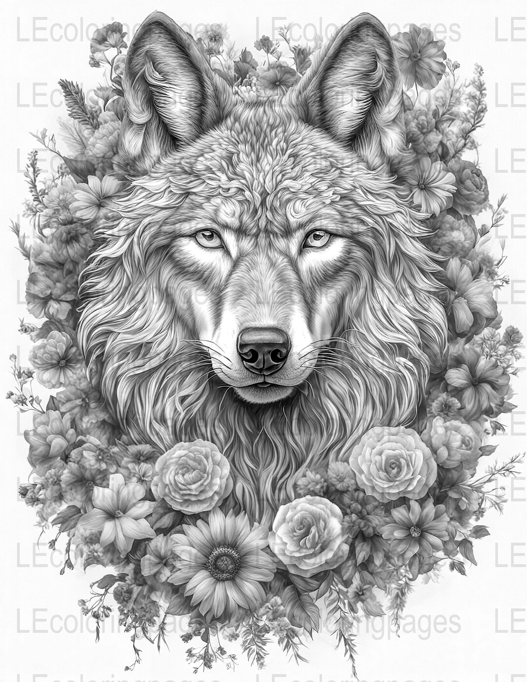 Wolf Coloring Page for Adults, Printable Grayscale Animal Mandala ...