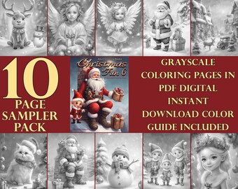 Grayscale Christmas Coloring Pages Digital Download 10 Page Bundle Instant Download Color Guide Included