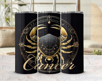 Zodiac Cancer Sign 20 oz Tumbler Wrap, Astrology Skinny Tumbler Design, Gold Black Horoscope Tumbler, Celestial Crab Graphics, Gift Idea