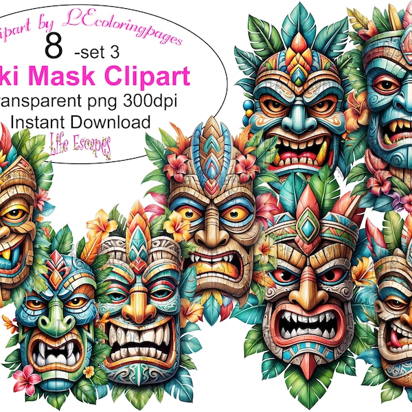 Tiki Mask Clipart Set, Tropical Hawaiian Polynesian Cultural Art, Digital Download, Commercial Use, Scrapbooking, Printable PNG Files