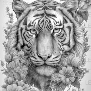 Adult Coloring Page Grayscale Tiger Printable, Floral Mandala Pattern, Stress Relief Activity, Digital Download, Intricate Animal Art