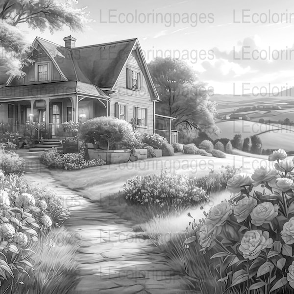 Grayscale Countryside House Printable Coloring Page, Digital Download, Stress Relief Adult Coloring Book Page, Calming Nature Scenery