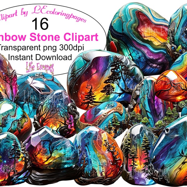 Rainbow Stone Clipart, Vibrant Gemstone Digital Graphics, Commercial Use, PNG Format, Instant Download, Designer Resources, 300dpi