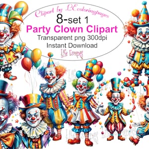 Op de afbeelding: Set van acht kleurrijke clownillustraties met verschillende poses en uitdrukkingen. De clowns dragen traditionele clownkostuums met felle kleuren, hoeden en schoenen. Sommige clowns houden ballonnen vast.
