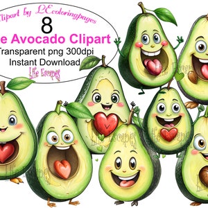 Lindo conjunto de imágenes prediseñadas de aguacate, ilustraciones de frutas Kawaii, descarga digital, uso comercial, gráficos de scrapbooking, arte imprimible