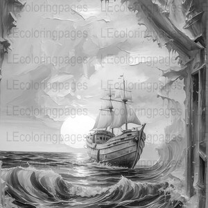 Printable Grayscale Coloring Page for Adults, Nautical Ship at Sea, Relaxing Ocean Waves Artwork, Digital Download