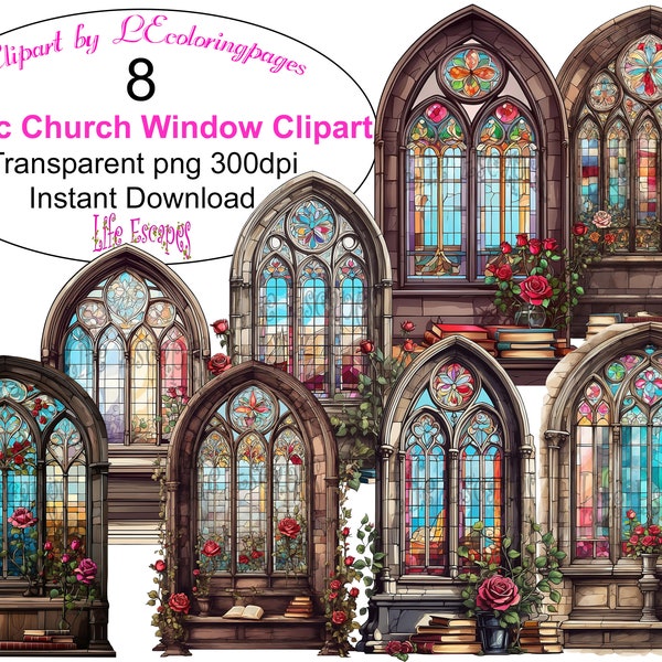 Gothic Church Window Clipart, Stained Glass Digital, Vintage Architectural Illustration, Roses Floral Design, PNG Commercial Use