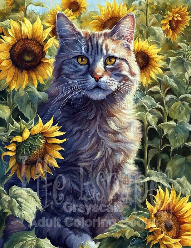 Sunflowers Grayscale Coloring Page for Adults #64 Instant Download