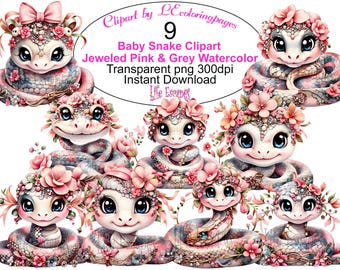 Baby Snake Clipart Set, Pink Grey Watercolor (PNG, 300dpi)