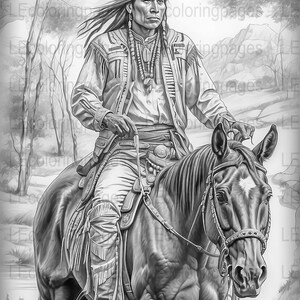 Native American Warrior on Horse Coloring Page, Grayscale Coloring Book ...