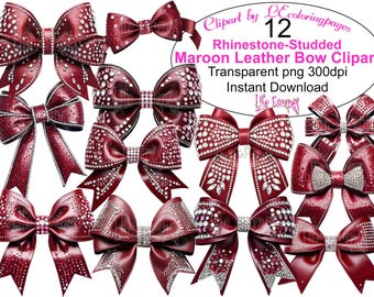 Rhinestone Maroon Leather Bow Clipart (PNG Images) (Digital Download)