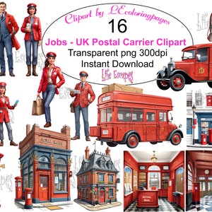 Ensemble de cliparts du transporteur postal britannique, PNG Transparent, téléchargement immédiat pour les enseignants, graphiques numériques sur le thème de British Mail, ressources pédagogiques
