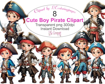 Cute Pirate Boy Clipart, High-Resolution PNGs (Digital Download)