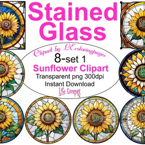 Printable Stained Glass Sunflower Clipart Bundle - Set #1, PNG, Commercial Use, Digital Download, 8 images, transparent background 300dpi
