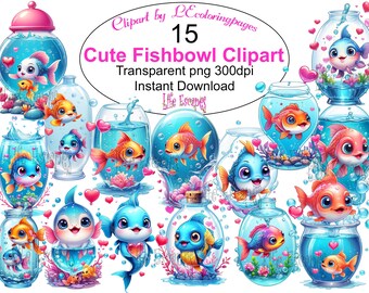 Cute Fishbowl Clipart, Transparent PNG, Commercial & POD Use (Digital Download)