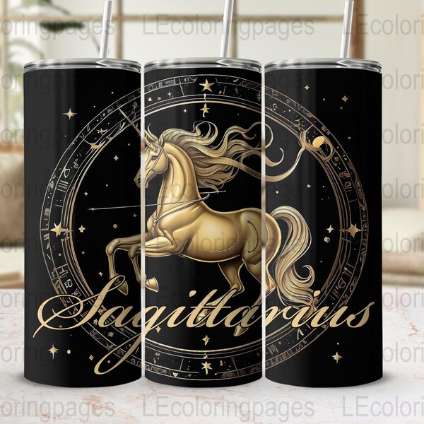 20 oz Tumbler Wrap Sagittarius Astrology Unicorn Design, Gold Zodiac Sign, Birthday Gift Idea, Astrological Celestial Skinny Tumbler