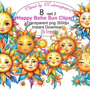 Happy Boho Sun Clipart Set 8 Pieces, Transparent PNG, 300dpi, Instant Download, Commercial Use Included, Scrapbooking, DIY Crafts