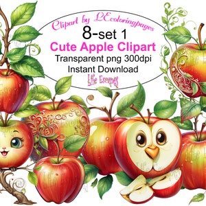 Printable Apple Clipart Bundle - Set #1, PNG, Commercial Use, Digital Download, 8 images, transparent background 300dpi
