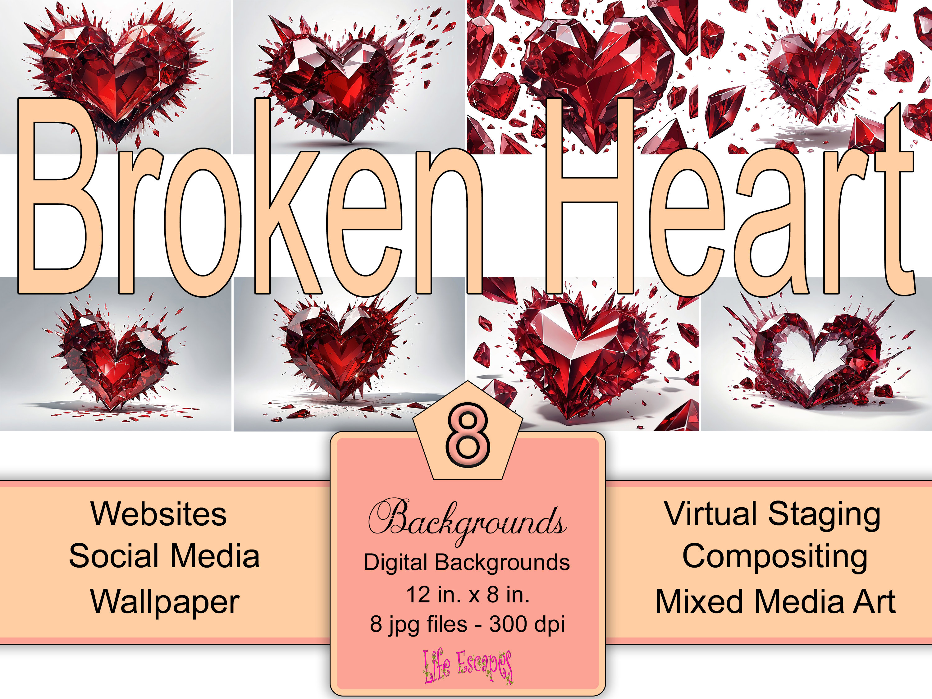 Broken Heart Digital Backgrounds, Red Crystal Love Wallpaper, Valentine's Day Decor, Instant