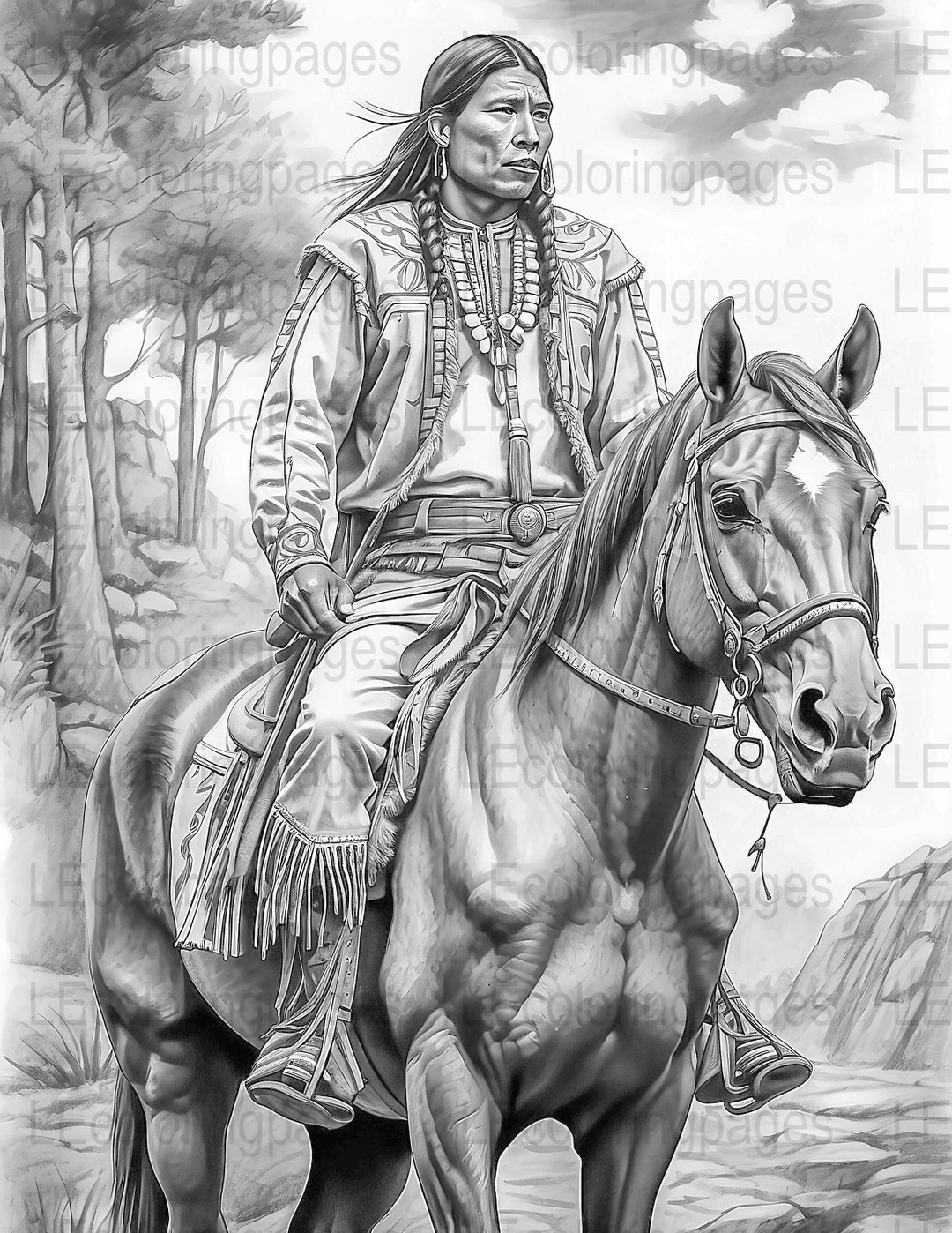 Native American Horse Rider Coloring Page, Grayscale Coloring Book for ...