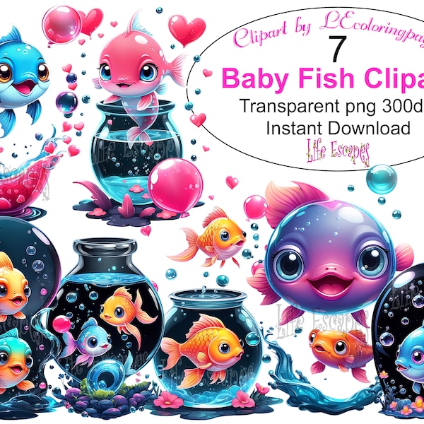 Cute Baby Fish Clipart Set, Colorful Aquarium Fishes Printable, Cartoon Marine Life Instant Download, Kids Party Decorations Digital Art