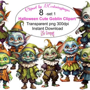 Halloween Cute Goblin PNG Clipart Pack, 8 Transparent Cliparts, Instant ...
