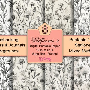 Wildflower Digital Paper Pack, Scrapbooking Backgrounds, Printable Stationery Craft Paper, Planner & Journal Art, DIY Mixed Media - 12x12