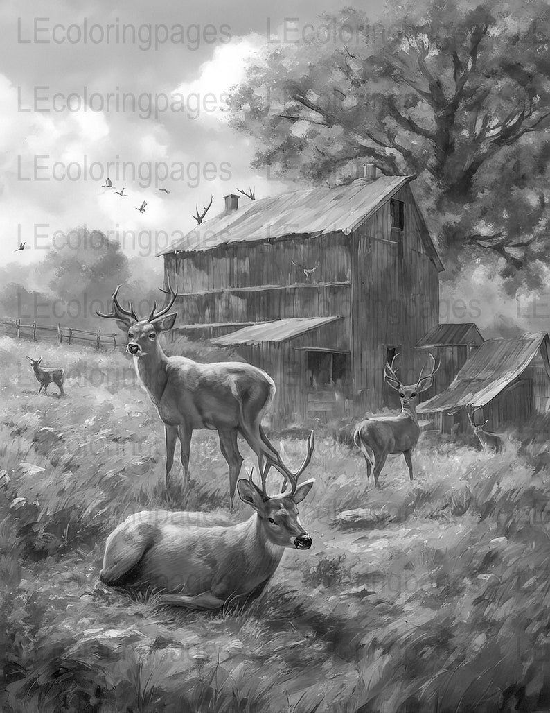 Rustic Farm Deer Scene Adult Coloring Page, Grayscale Countryside ...