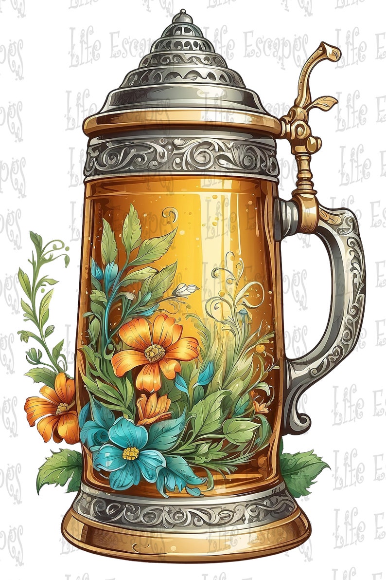 Beer Stein Clipart Set, Vintage Oktoberfest Graphics, Transparent PNG