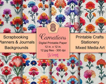Carnations Digital Paper Pack, Scrapbooking, Stationery (Digital Download)