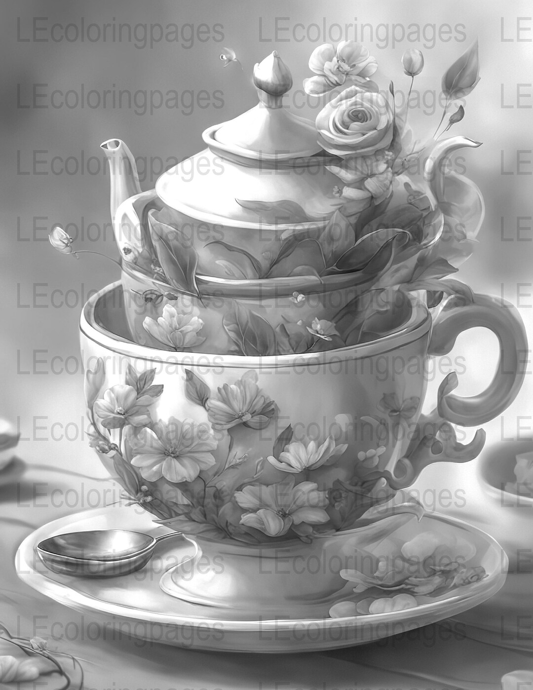 Tea Party Printable Coloring Page for Adults, Grayscale Illustration 52 ...