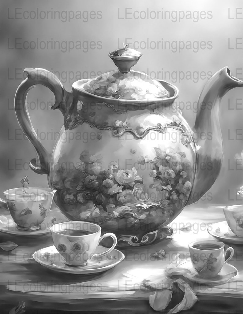 Tea Party Printable Coloring Page for Adults Grayscale - Etsy
