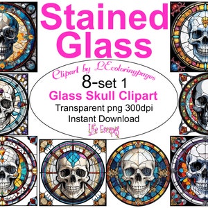 May include: Set of eight stained glass skull clipart images. Each image features a skull with colourful stained glass designs. The images are transparent PNG files, 300dpi, and available for instant download.