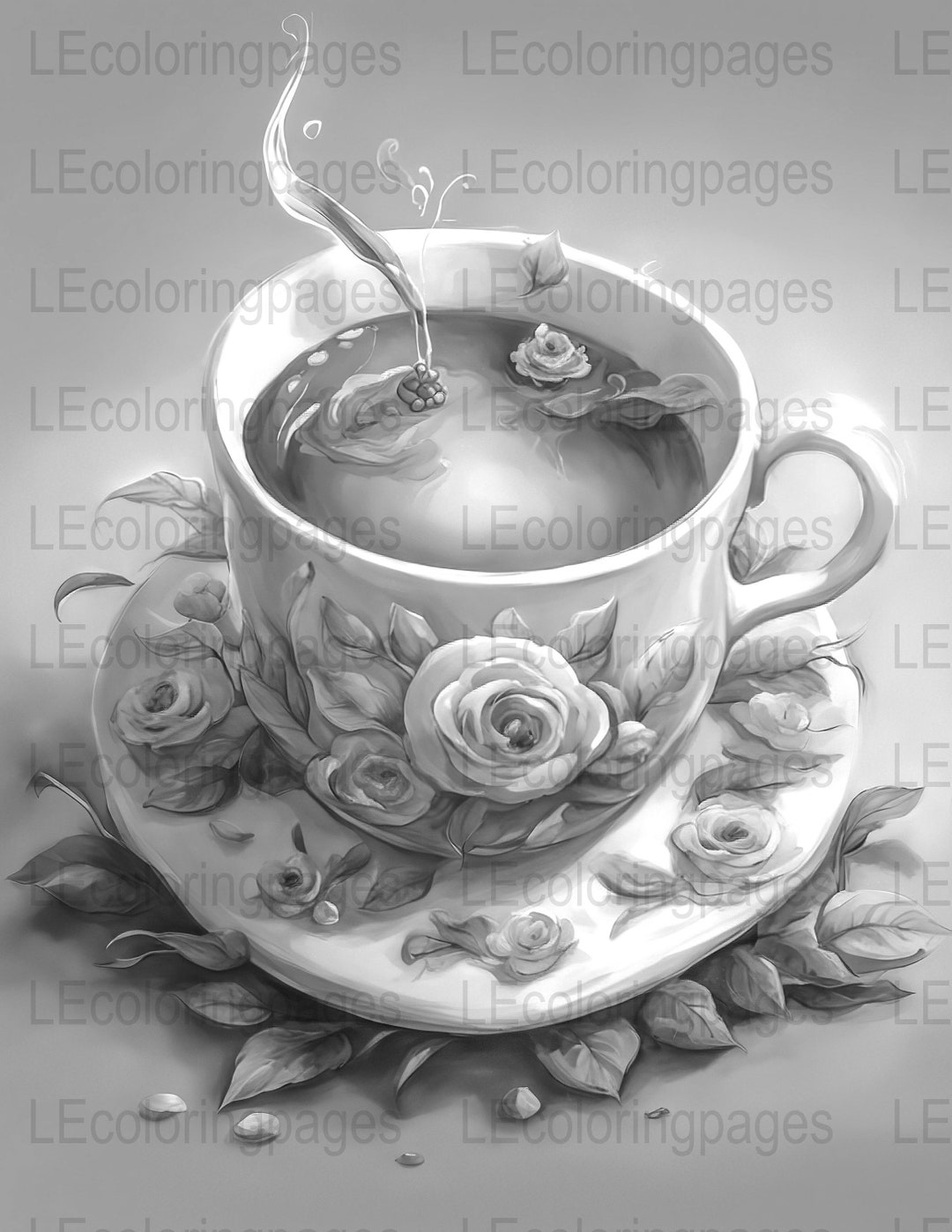 Tea Party Printable Coloring Page for Adults, Grayscale Illustration 8 ...