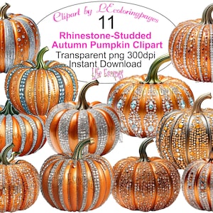 Conjunto de imágenes prediseñadas de calabazas otoñales con tachuelas de diamantes de imitación, descarga digital, uso comercial y uso POD, 11 calabazas, gráficos de decoración de otoño