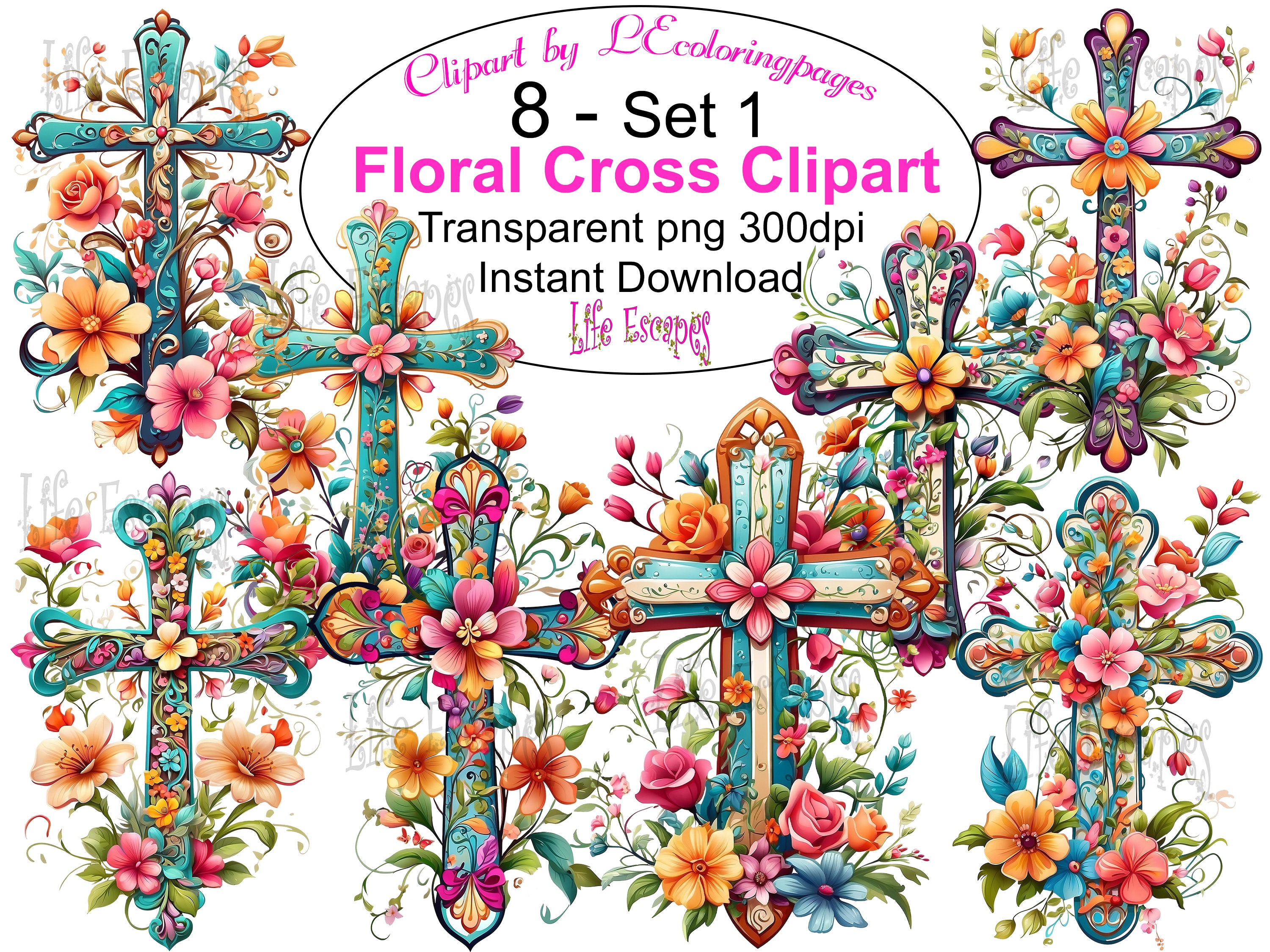 Printable Floral Cross Clipart Bundle Set 1, PNG, Commercial Use ...