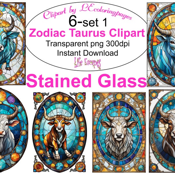 Printable Stained Glass Zodiac Taurus Clipart Bundle - Set #1, PNG, Commercial Use, Downloadable, 6 images, transparent background 300dpi