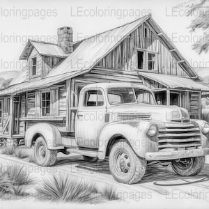May include: A black and white pencil drawing of a vintage pickup truck parked in front of a rustic wooden house. The truck has a flatbed and a large grille with a chrome bumper. The house has a porch with wooden steps and a chimney.