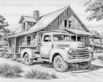 Grayscale Vintage Truck and Barn Scene, Adult Coloring Page, Printable Rural Landscape, Countryside Relaxing Activity, JPG Download