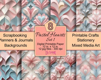 Pastel Hearts Digital Paper Set, Scrapbook Backgrounds (12x12", 300 dpi)