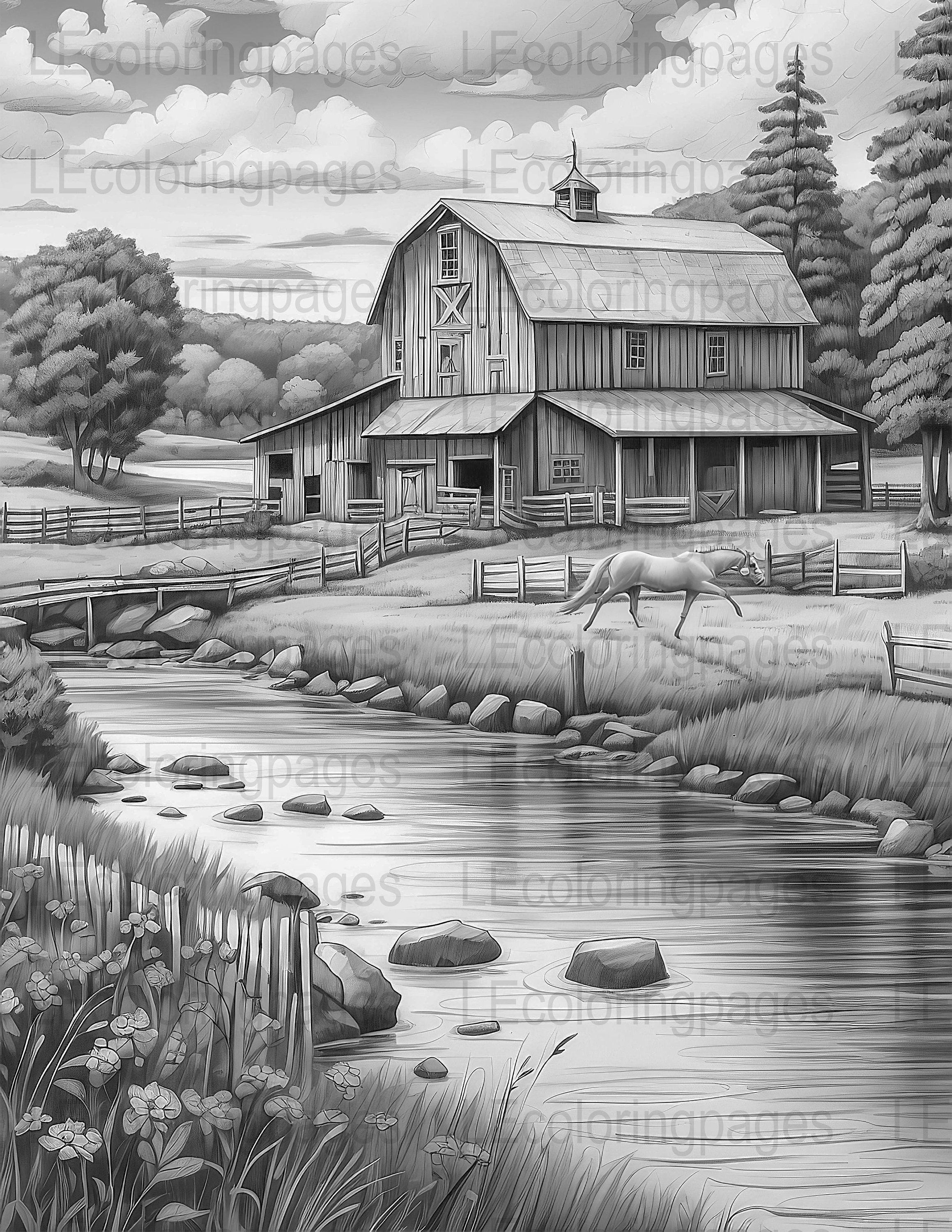 Grayscale Coloring Pages for Adults, Detailed Farm Scene Coloring Page, 8.5 x 11 Inch, Printable Coloring Book, Relaxation Art Therapy