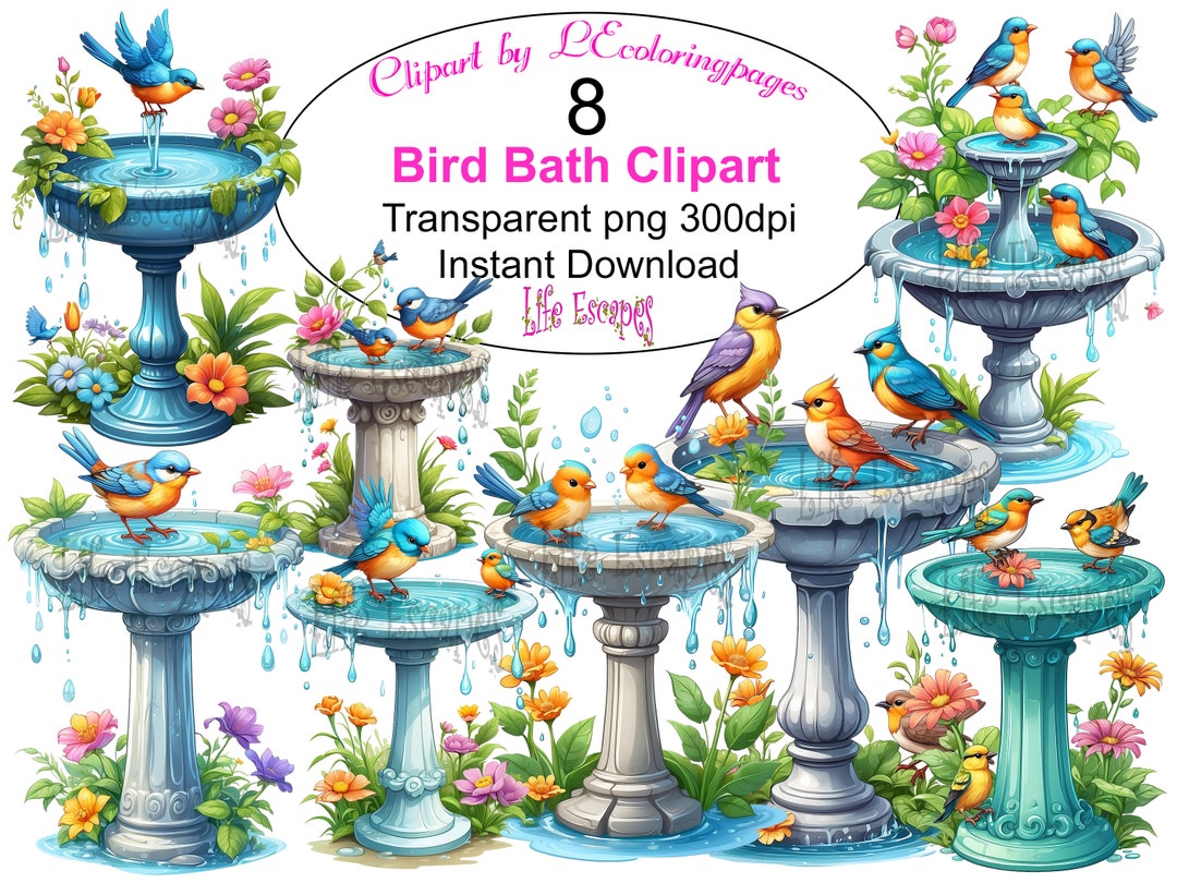 Bird Bath Watercolor Clipart Set, Fountain With Birds, Garden ...