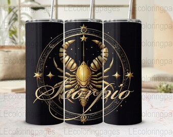 Scorpio Zodiac Sign 20 oz Tumbler Wrap, Astrology Gold and Black, Skinny Straight Tumbler Design, Gift for Scorpio, Digital Download
