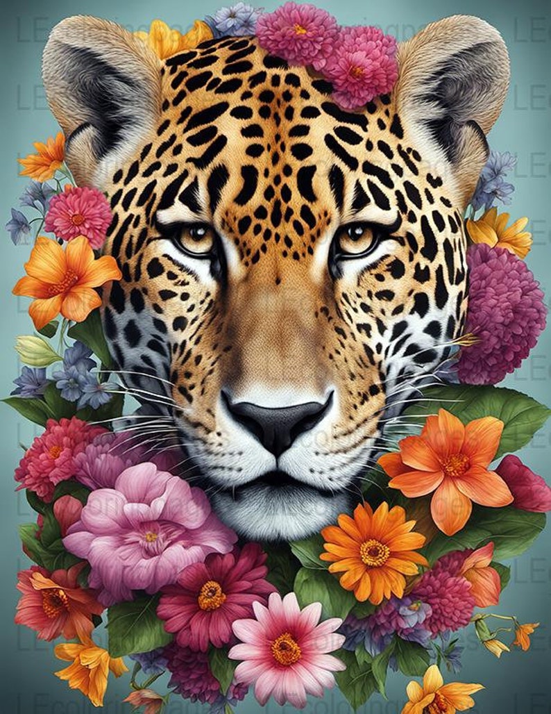 Jaguar Coloring Page for Adults, Printable Grayscale Jungle Animal, Floral Pattern, Relaxing ...