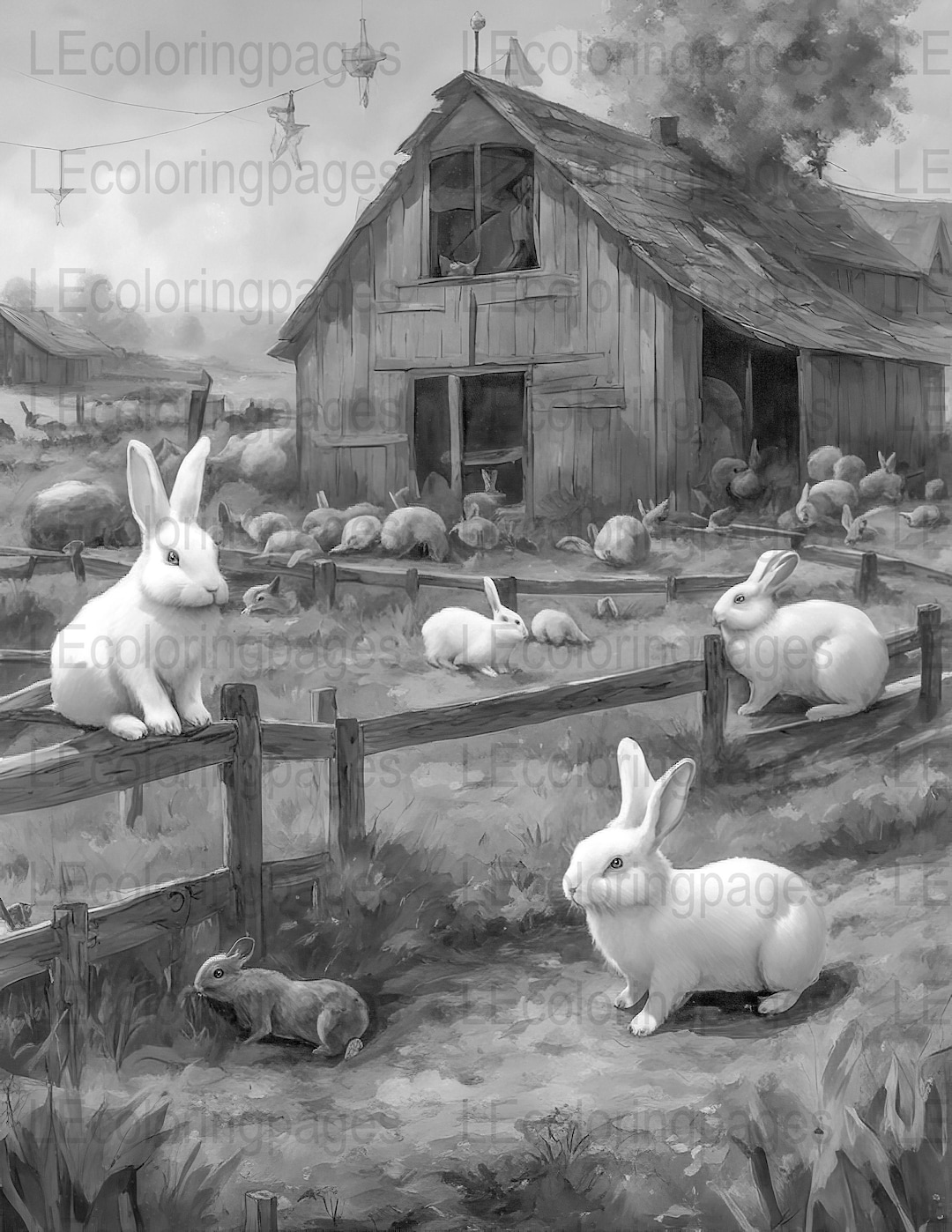 Rustic Farmhouse Rabbits Adult Coloring Page, Grayscale Country Scene ...