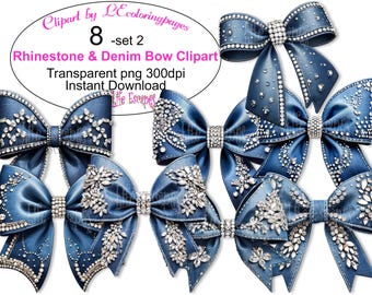 Rhinestone Denim Bow Clipart Set (PNG, 300dpi) (Digital Download)